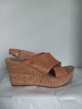 Born Tan Leather Cork Wedge Sandals